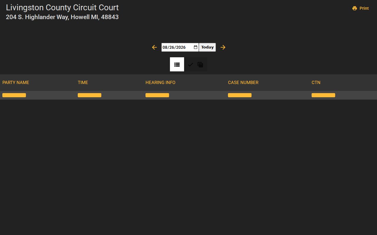 Livingston County court calendar public MiCOURT display