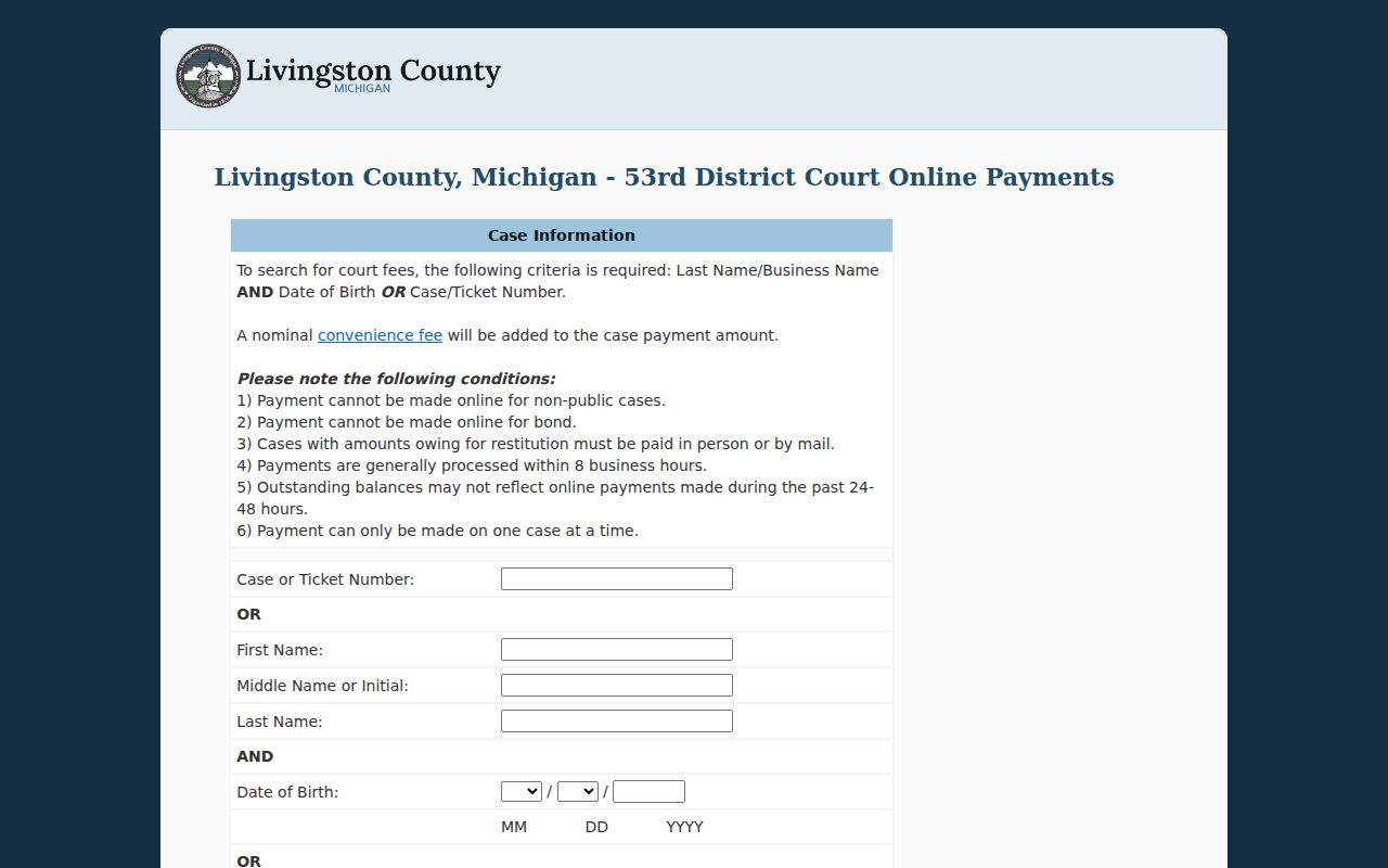 Livingston County traffic ticket LivingstonLive payment portal search fields